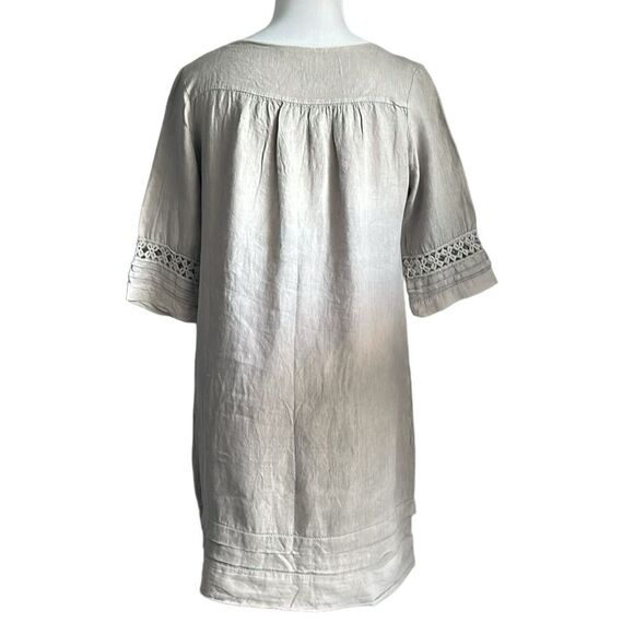 Carla Conti Italy Linen Oatmeal Crochet Lace Elbow Sleeve Shift Tunic Dress Sz.M - Picture 2 of 8